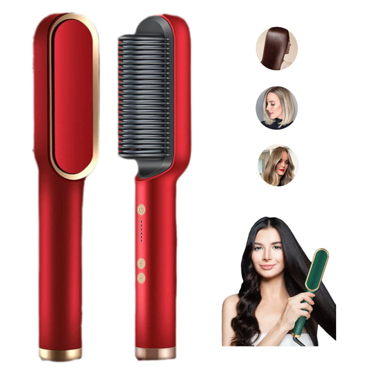 2023 Negative Ion Straightening Brush Curler & Heated Hair Styler - 5 Temperature Settings 2-in-1 Styling Comb with Fast Heating and Anti-Scald Portable Electric (Red)